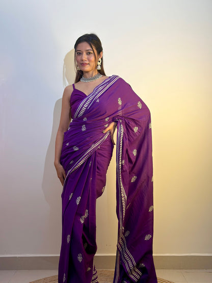 Party Purple - Handblock Print Natural Dyed - Mulmul Cotton Saree