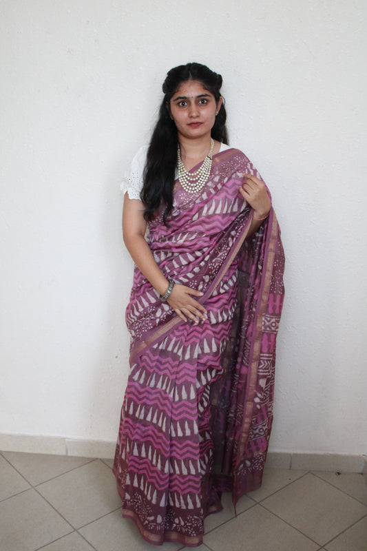 Samara- Bagru Natural Dyes Handblock Printed - Pink Chanderi Silk Saree