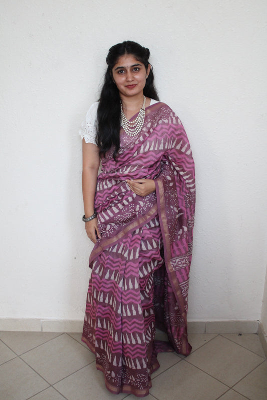 Samara- Bagru Natural Dyes Handblock Printed - Pink Chanderi Silk Saree