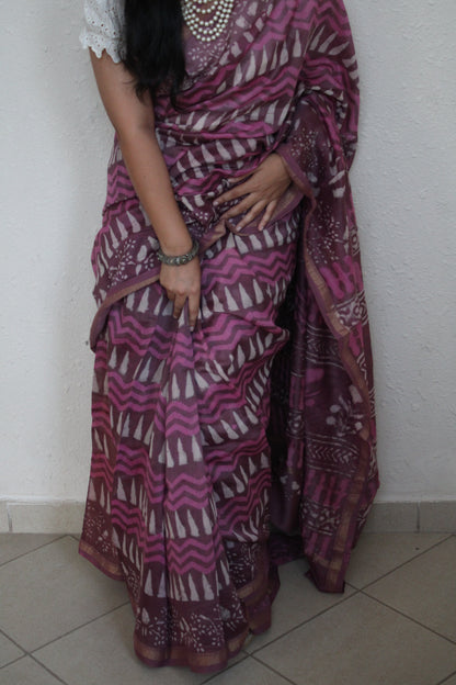 Samara- Bagru Natural Dyes Handblock Printed - Pink Chanderi Silk Saree
