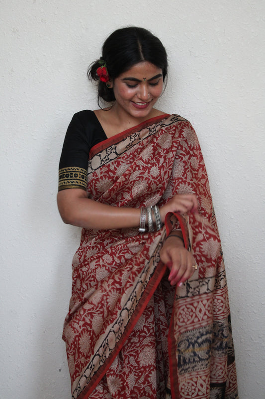 Shreshtha- Bagru Natural Dyes Handblock Printed - Red Chanderi Silk Saree