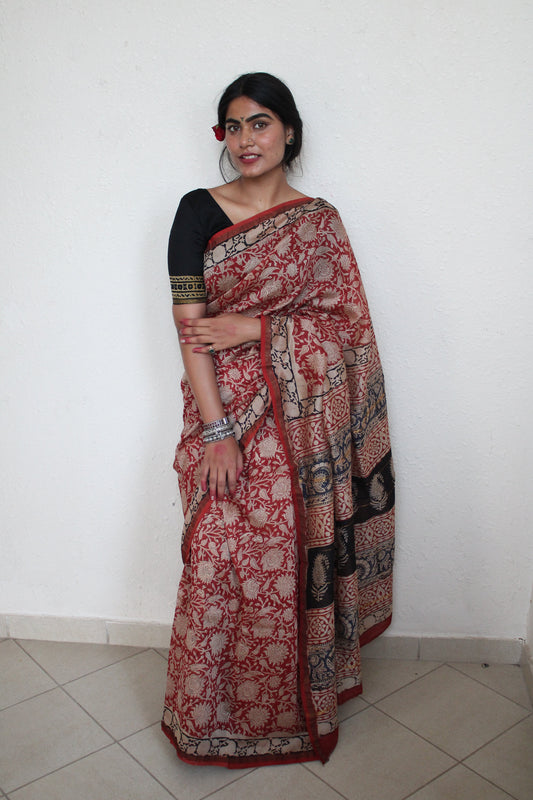 Shreshtha- Bagru Natural Dyes Handblock Printed - Red Chanderi Silk Saree