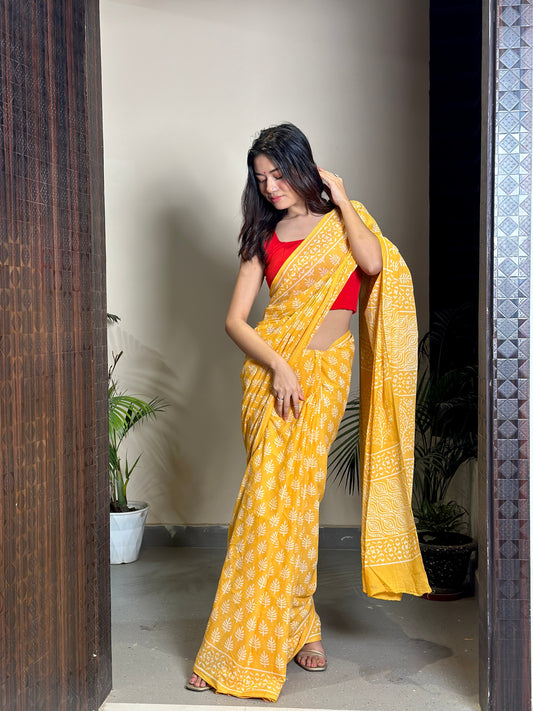 Poppins Collection - Yellow Poppins Candy - Handblock Print Natural Dyed - Mulmul Cotton Saree
