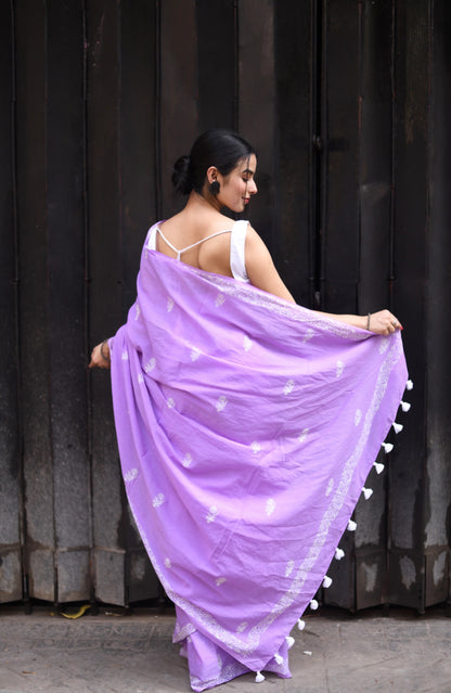 Lavender Secret - Handblock Print Natural Dyed - Mulmul Cotton Saree