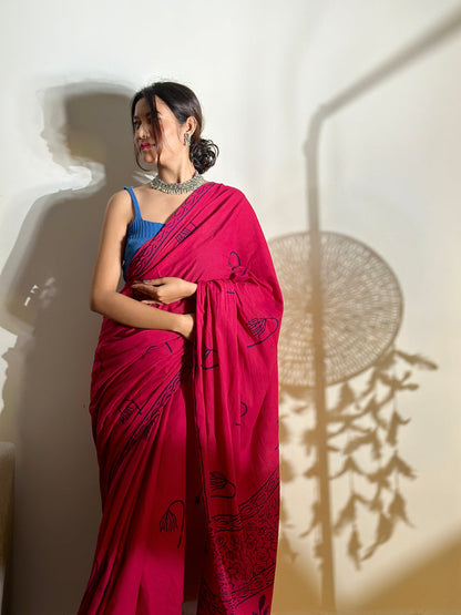 Mera Wala Pink - Handblock Print Natural Dyed - Mulmul Cotton Saree