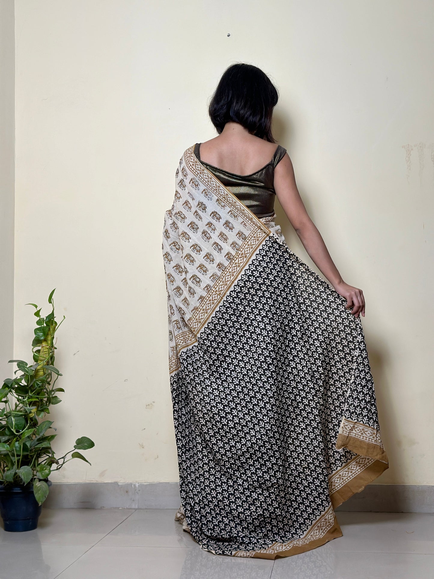 White Caramel Chic Hand block Print Natural Dyed Mul mul Cotton Saree