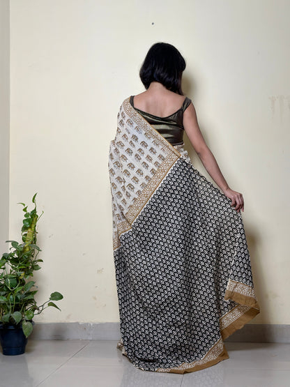 White Caramel Chic Hand block Print Natural Dyed Mul mul Cotton Saree