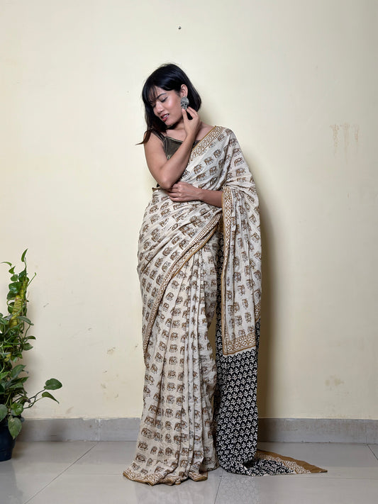White Caramel Chic Hand block Print Natural Dyed Mul mul Cotton Saree