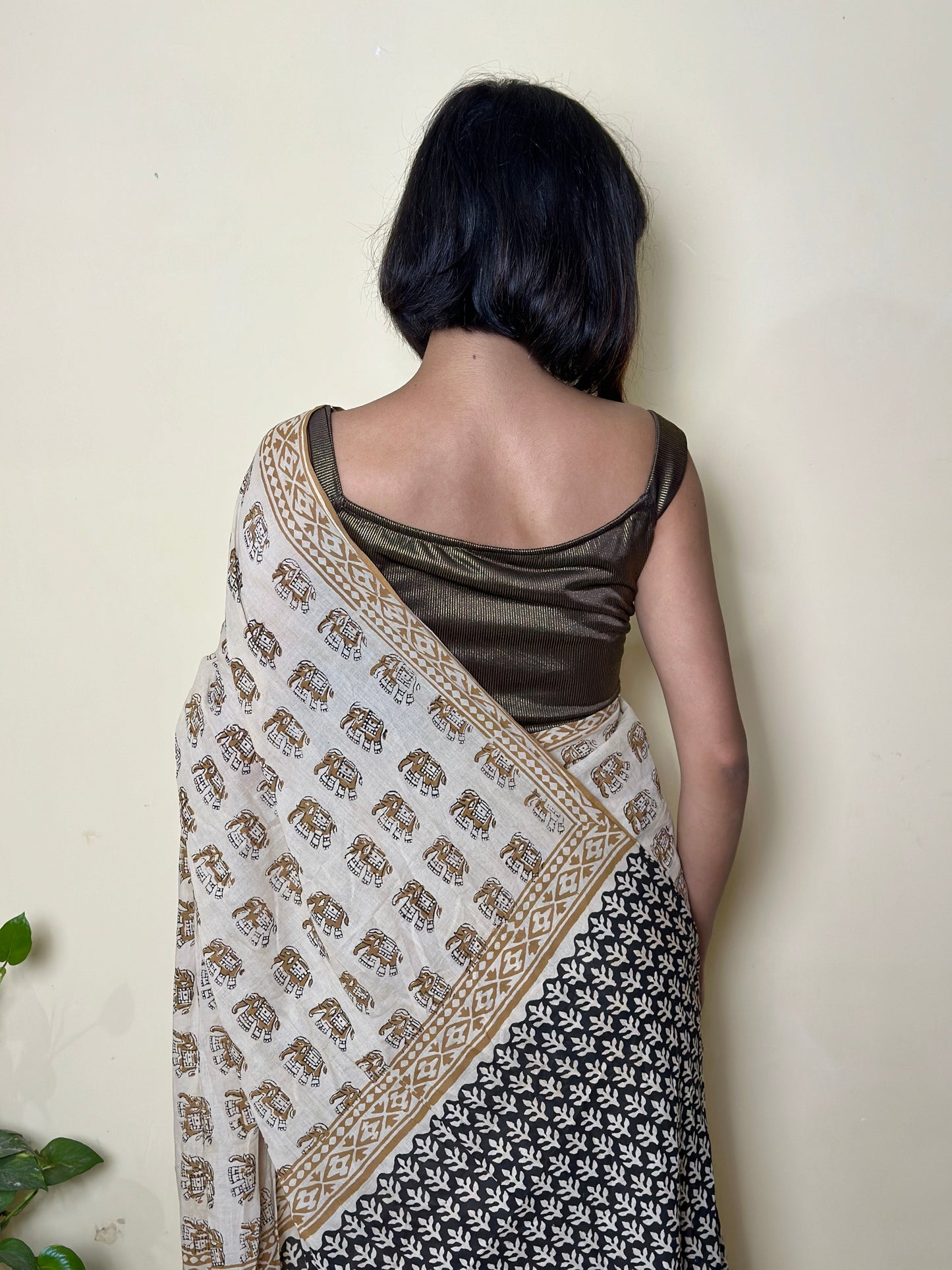 White Caramel Chic Hand block Print Natural Dyed Mul mul Cotton Saree