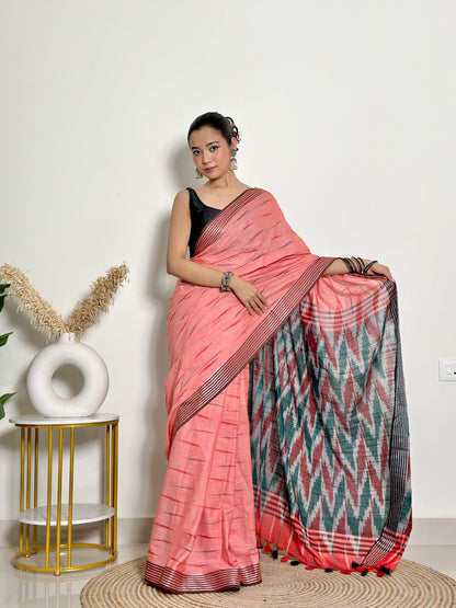 Coral And Grey Ikat Natural Dyed - HandCrafted - Soft Linen Saree