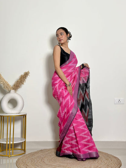 Pink and Black Ikkat Natural Dyed - HandCrafted - Soft Linen Saree