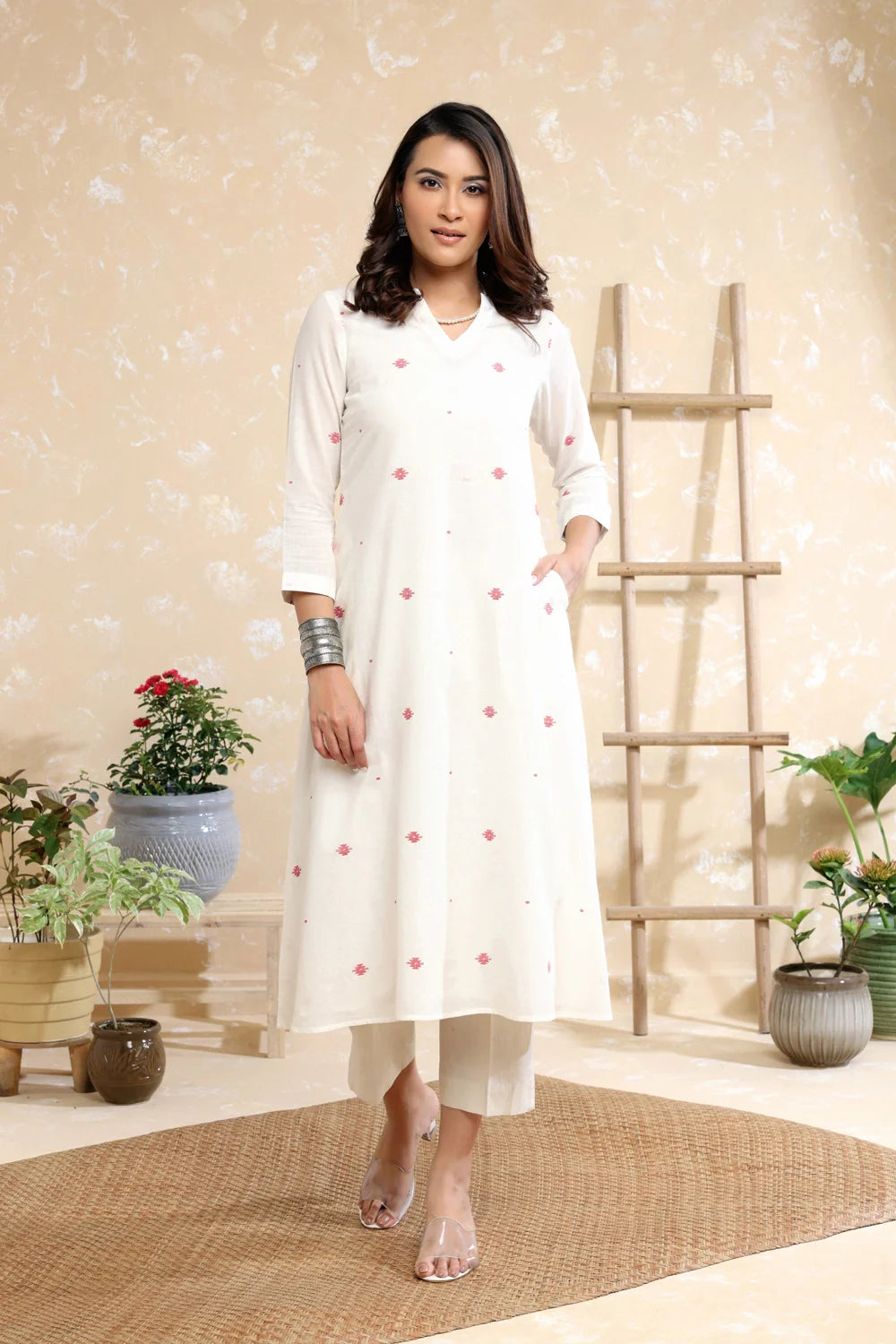Handloom White Soft Cotton Jamdani Kurta Set With Dupatta