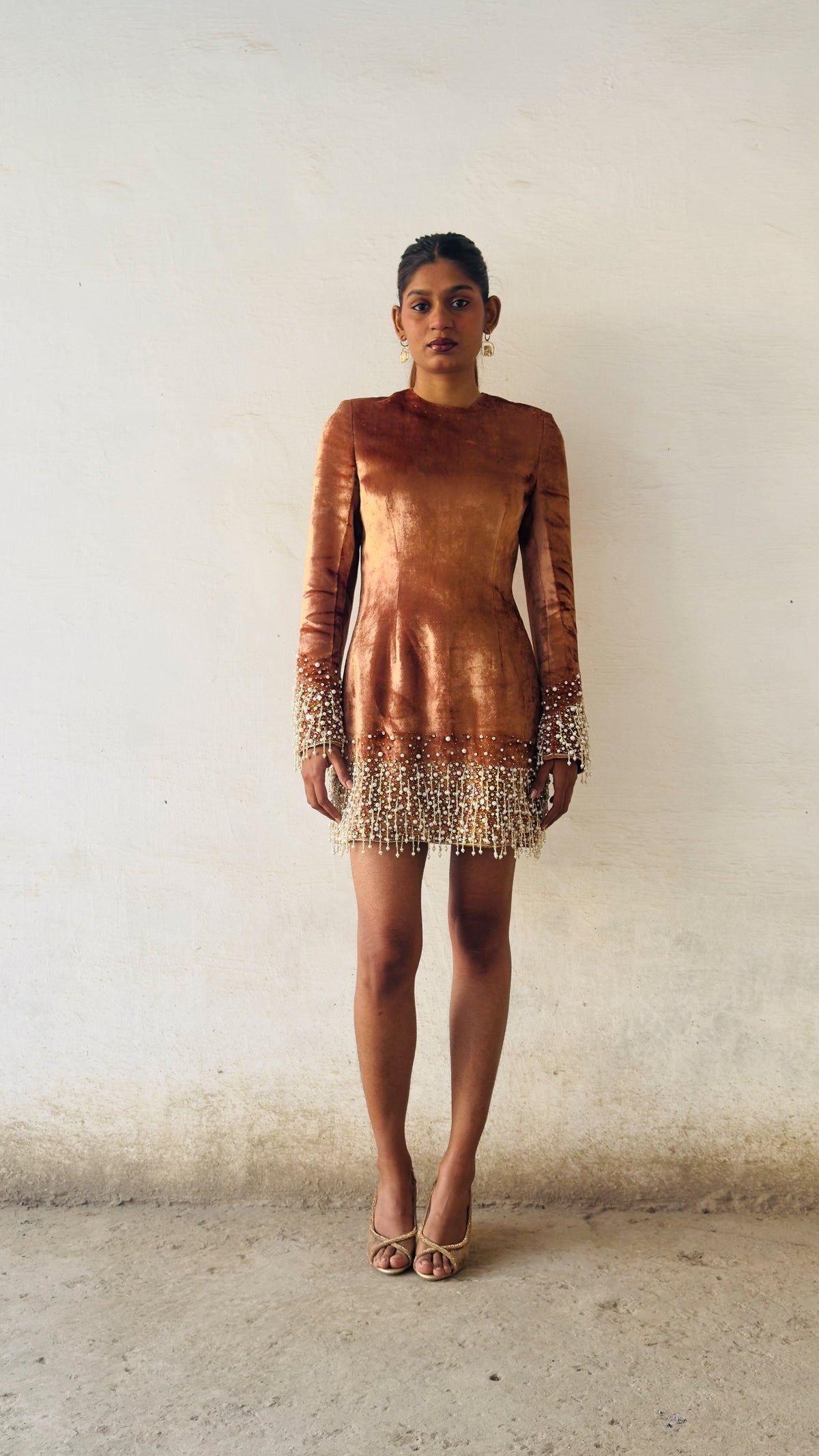 Pearl Drop Light Brown Hand Embroidered Velvet Cocktail Dress