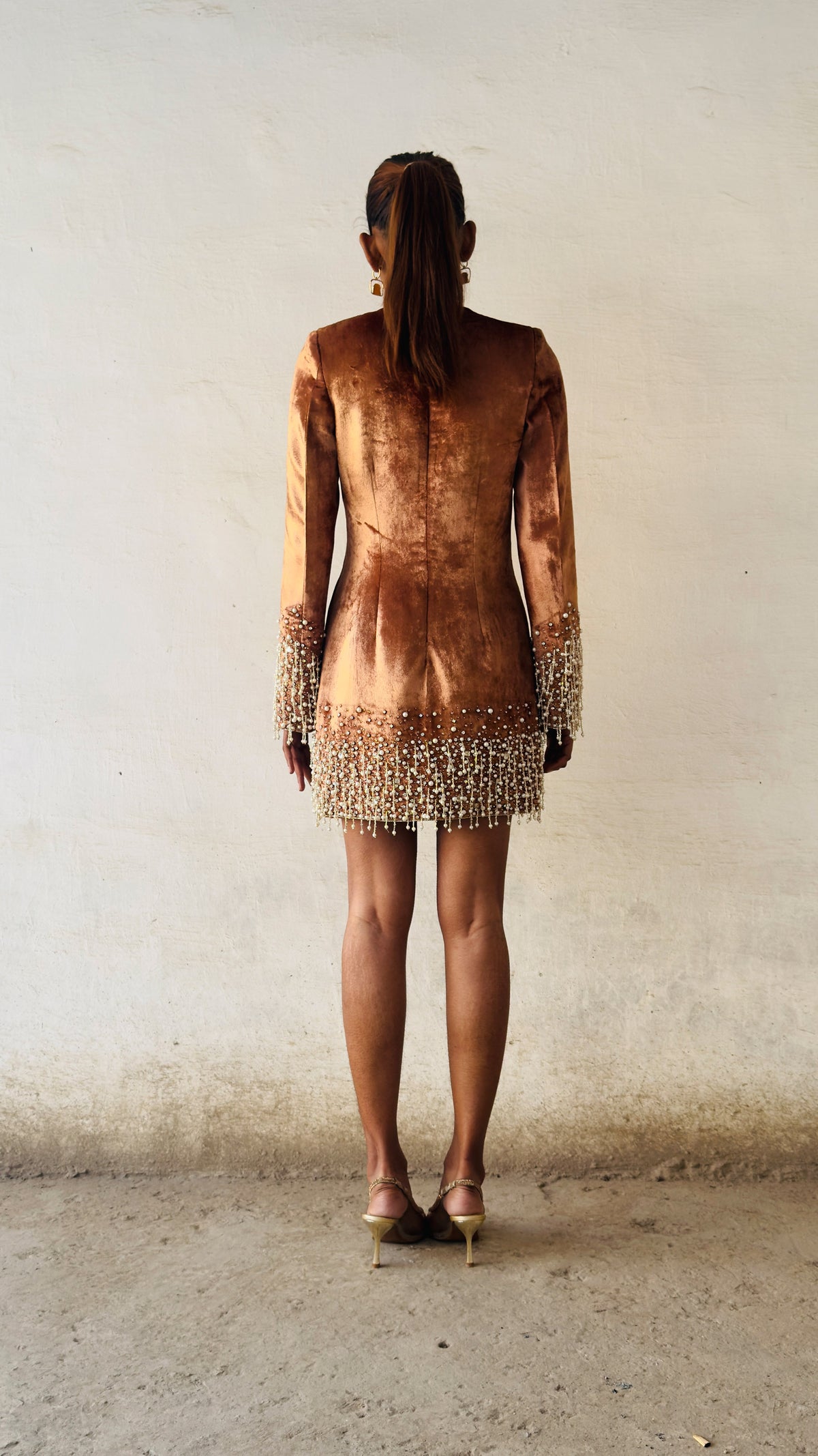 Pearl Drop Light Brown Hand Embroidered Velvet Cocktail Dress