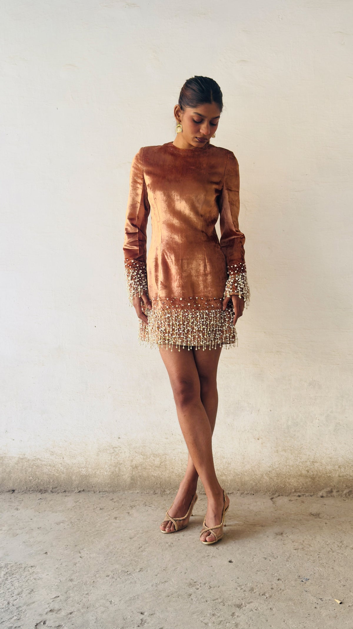 Pearl Drop Light Brown Hand Embroidered Velvet Cocktail Dress