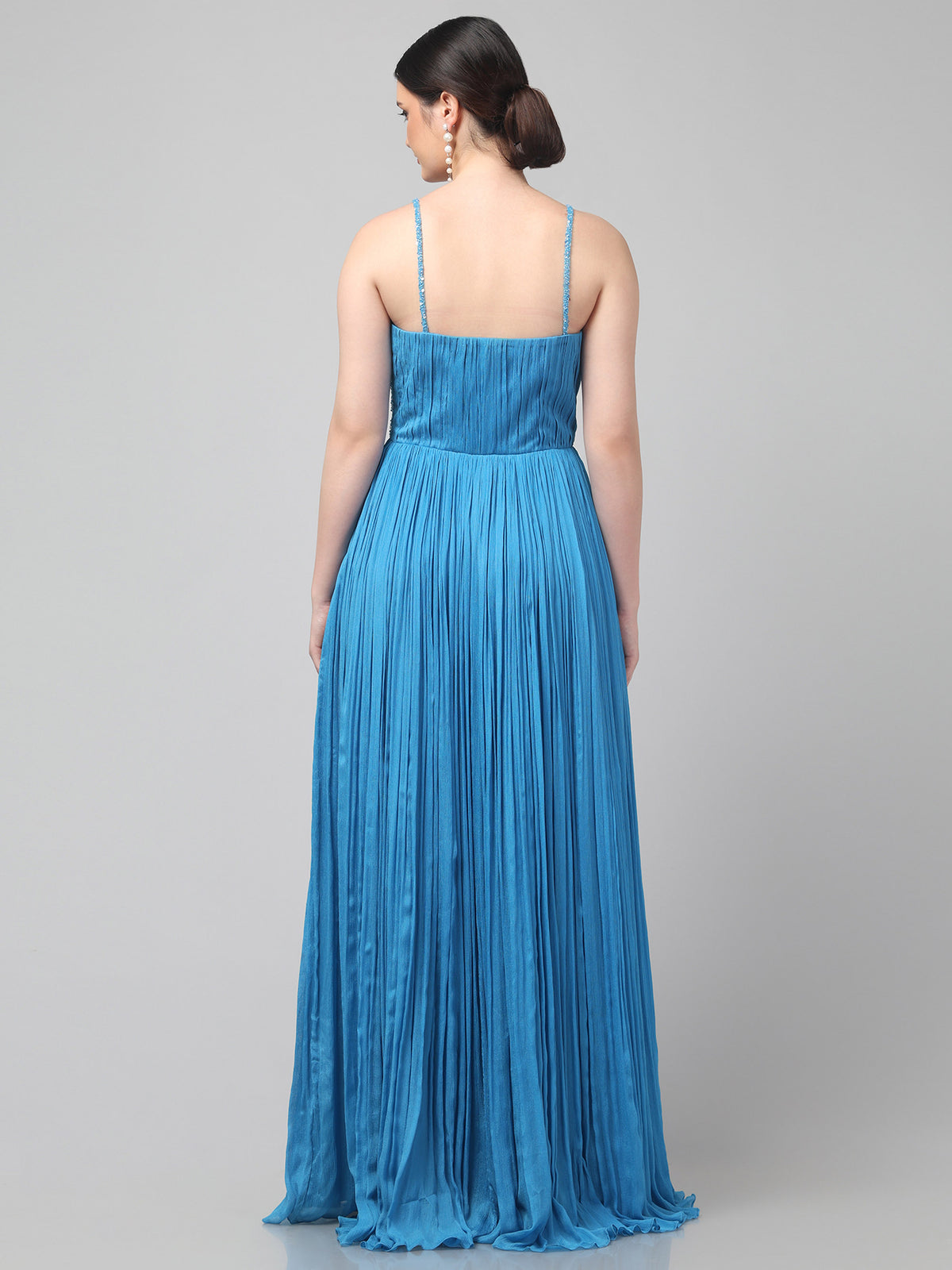 Sky-blue One-Shoulder Pure Chinnon Party Wear Pleated Gown