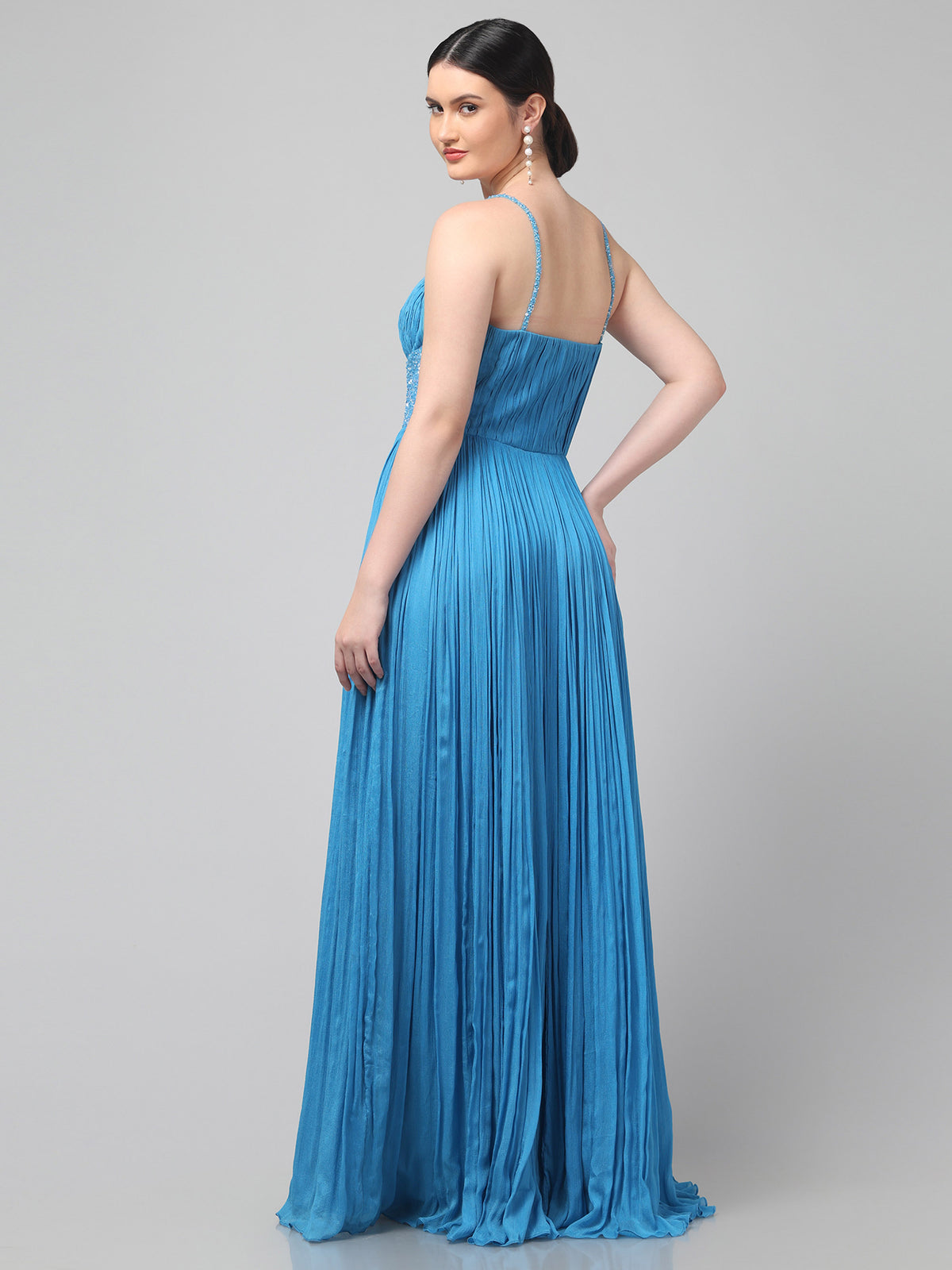Sky-blue One-Shoulder Pure Chinnon Party Wear Pleated Gown