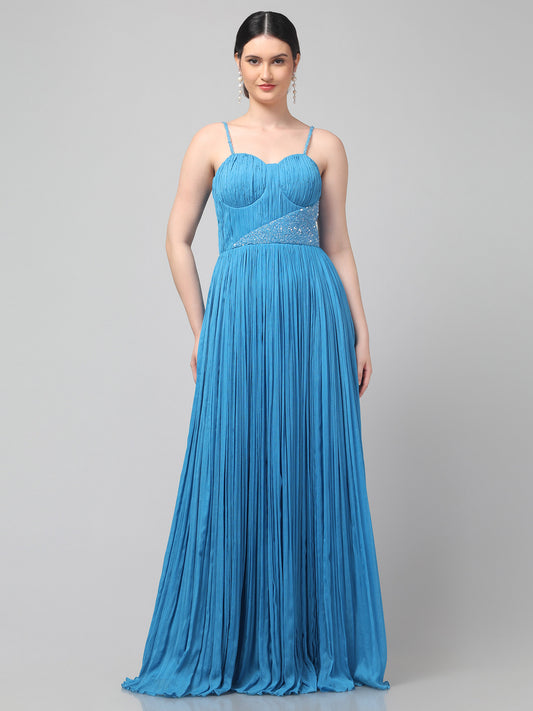 Sky-blue One-Shoulder Pure Chinnon Party Wear Pleated Gown