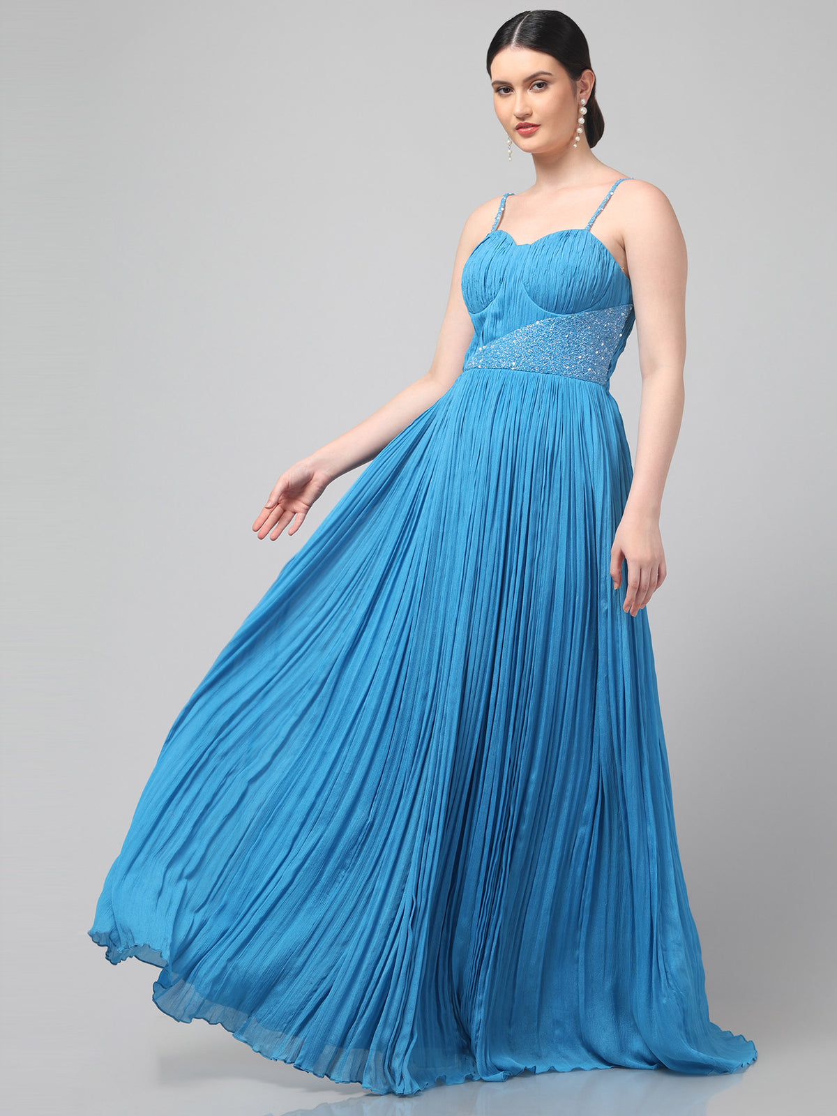 Sky-blue One-Shoulder Pure Chinnon Party Wear Pleated Gown