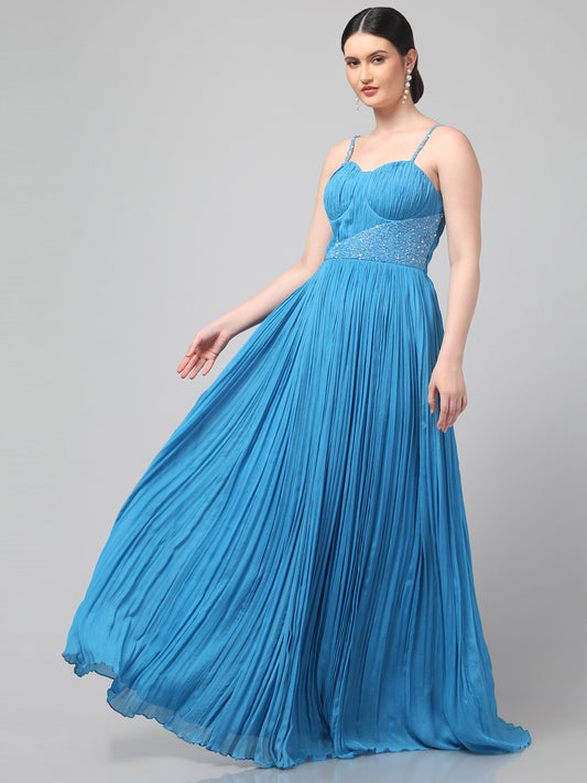 Sky-blue One-Shoulder Pure Chinnon Party Wear Pleated Gown