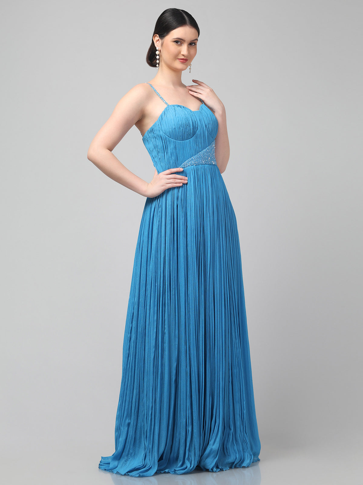 Sky-blue One-Shoulder Pure Chinnon Party Wear Pleated Gown