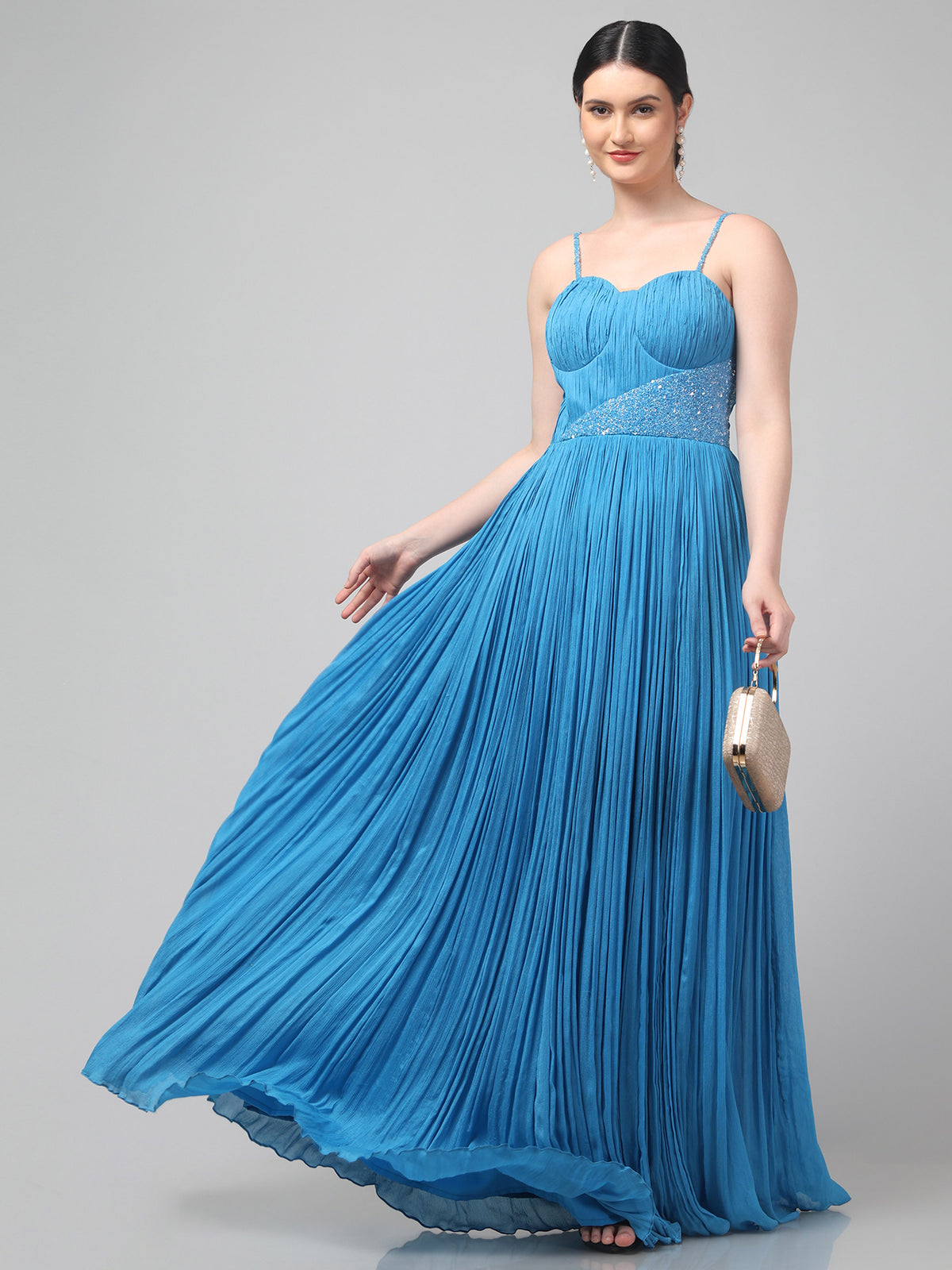 Sky-blue One-Shoulder Pure Chinnon Party Wear Pleated Gown