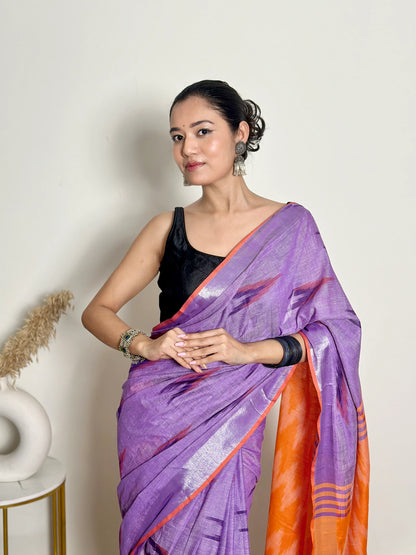 Lavender and Orange Ikat Natural Dyed - HandCrafted - Soft Linen Saree