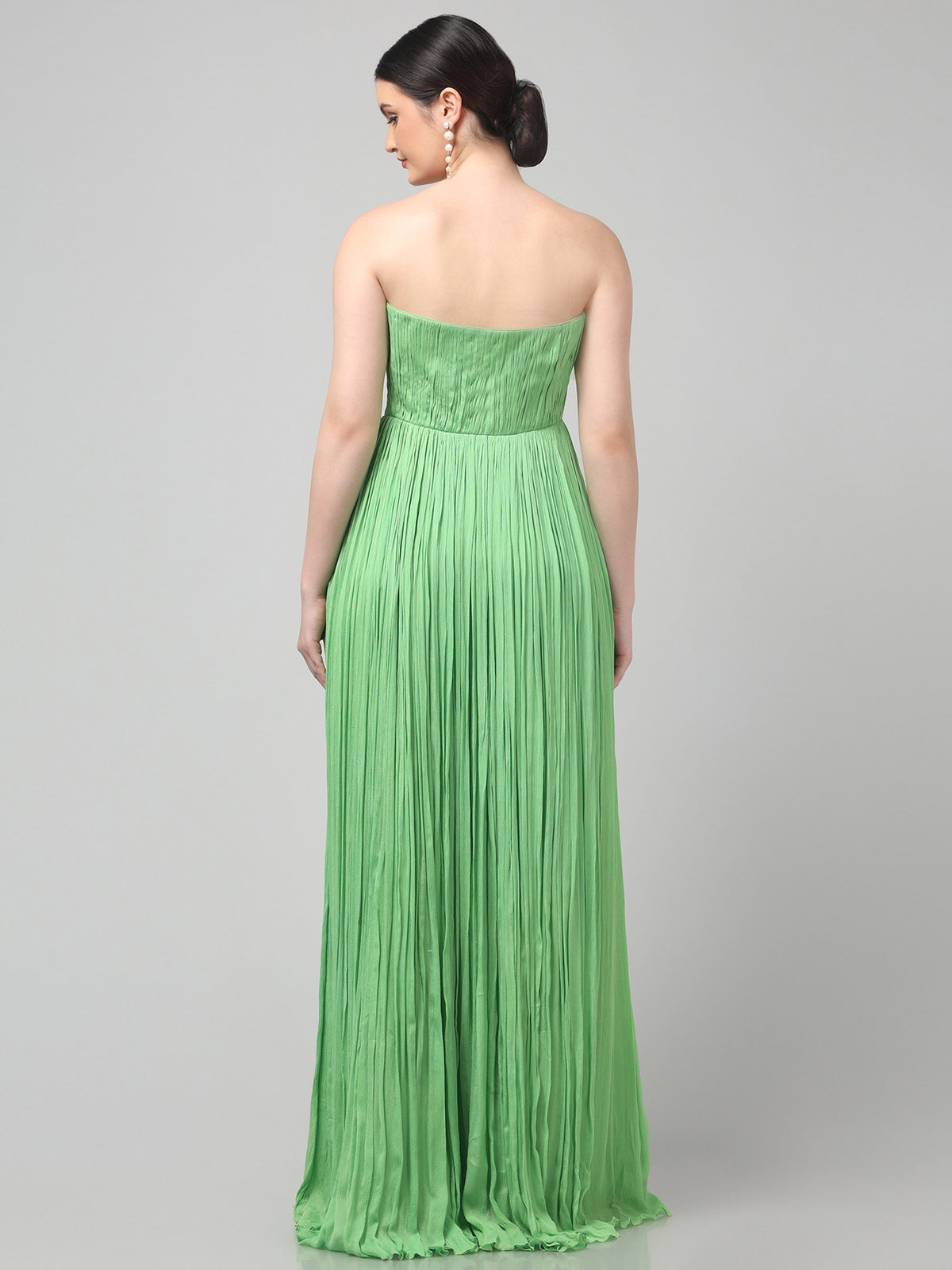 Off-Shoulder Tea-Green  Pure Chinnon Party Wear  Pleated Gown