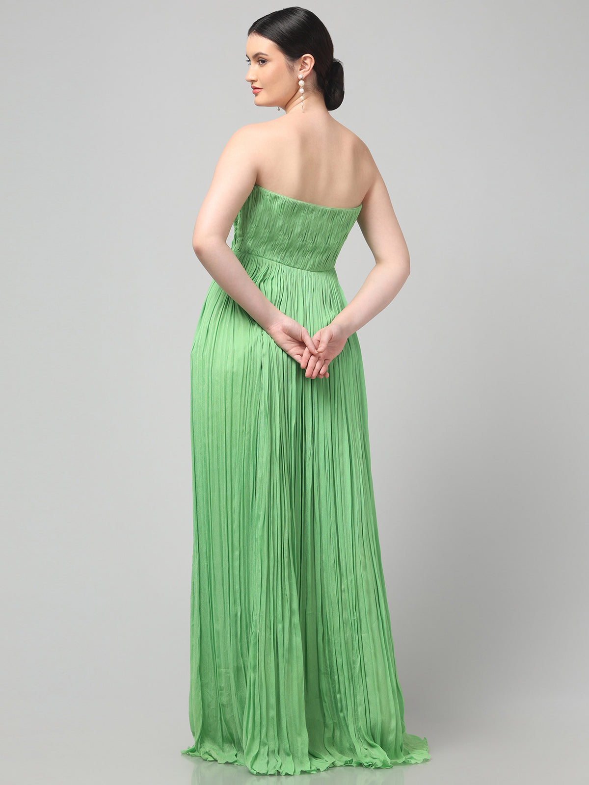 Off-Shoulder Tea-Green  Pure Chinnon Party Wear  Pleated Gown