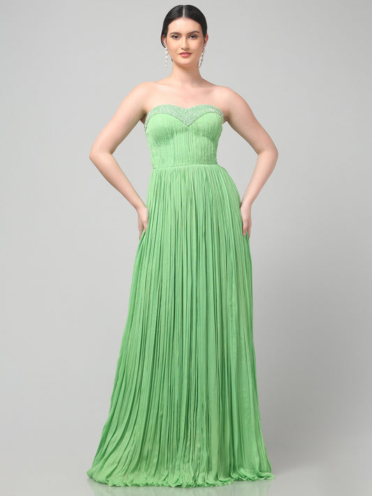 Off-Shoulder Tea-Green  Pure Chinnon Party Wear  Pleated Gown