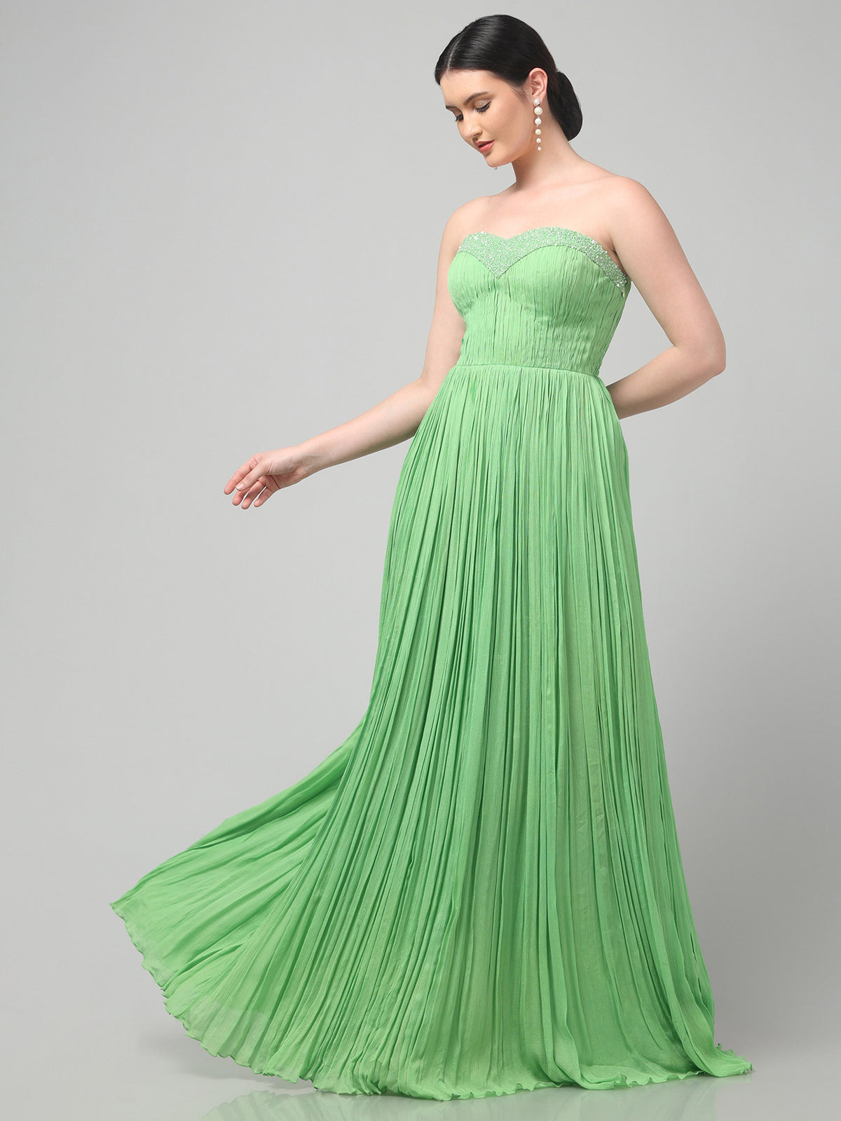 Off-Shoulder Tea-Green  Pure Chinnon Party Wear  Pleated Gown
