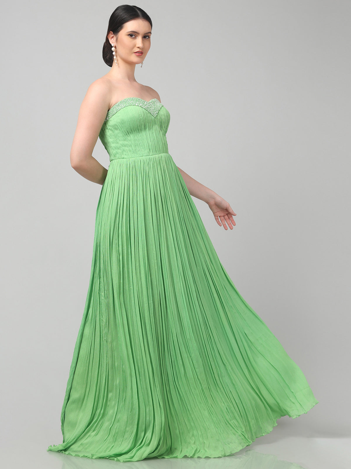 Off-Shoulder Tea-Green  Pure Chinnon Party Wear  Pleated Gown