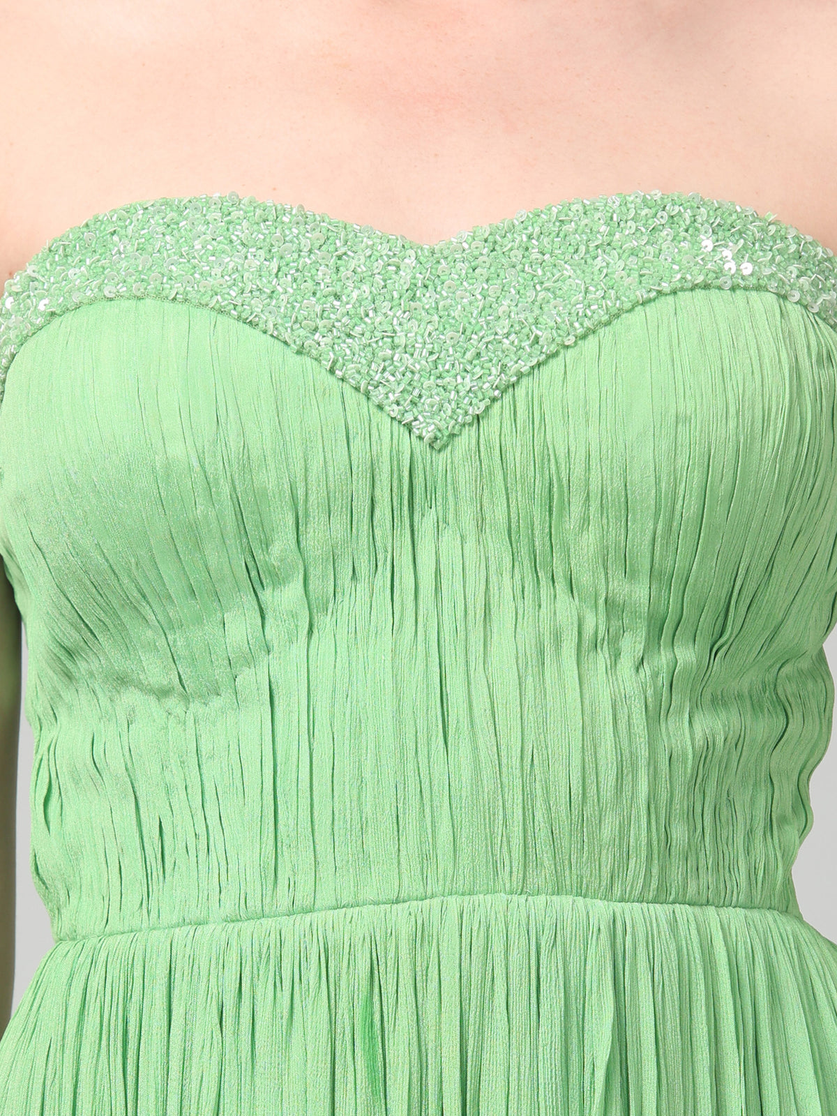 Off-Shoulder Tea-Green  Pure Chinnon Party Wear  Pleated Gown