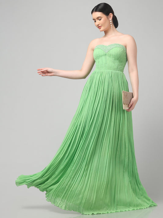 Off-Shoulder Tea-Green  Pure Chinnon Party Wear  Pleated Gown