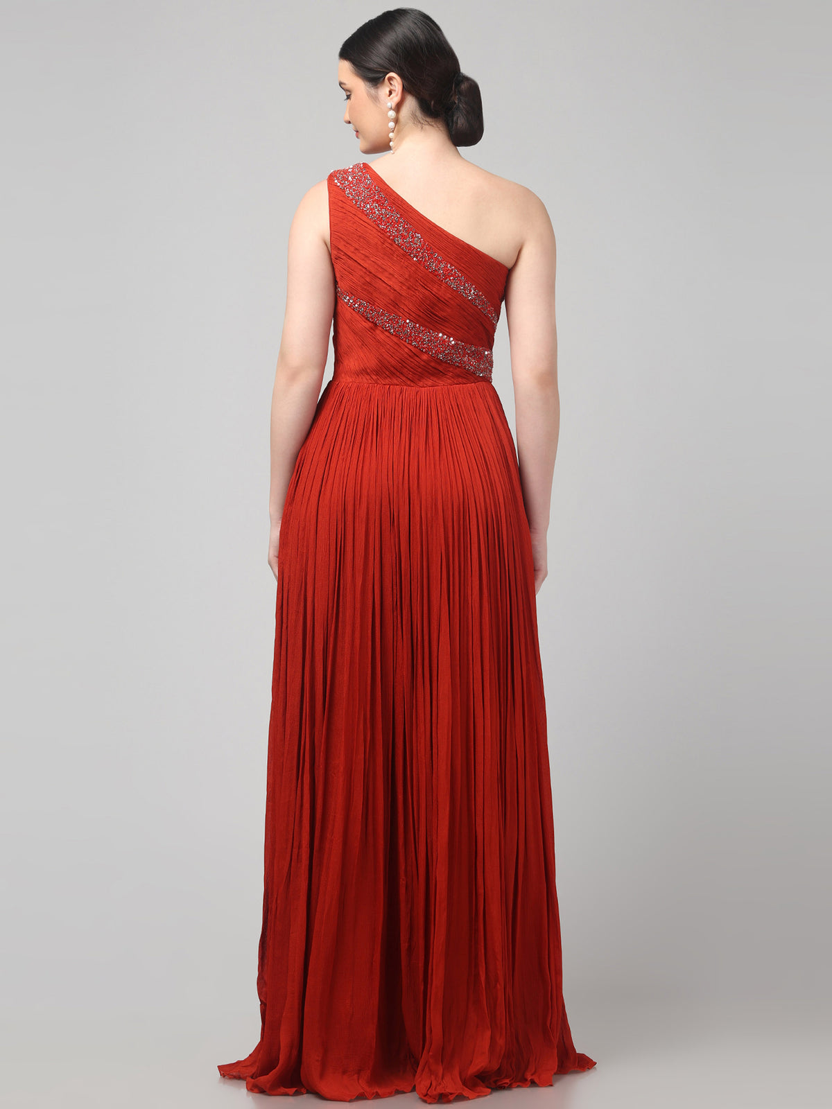 Rust Orange One-Shoulder  Pure Chinnon Party Wear  Pleated Gown