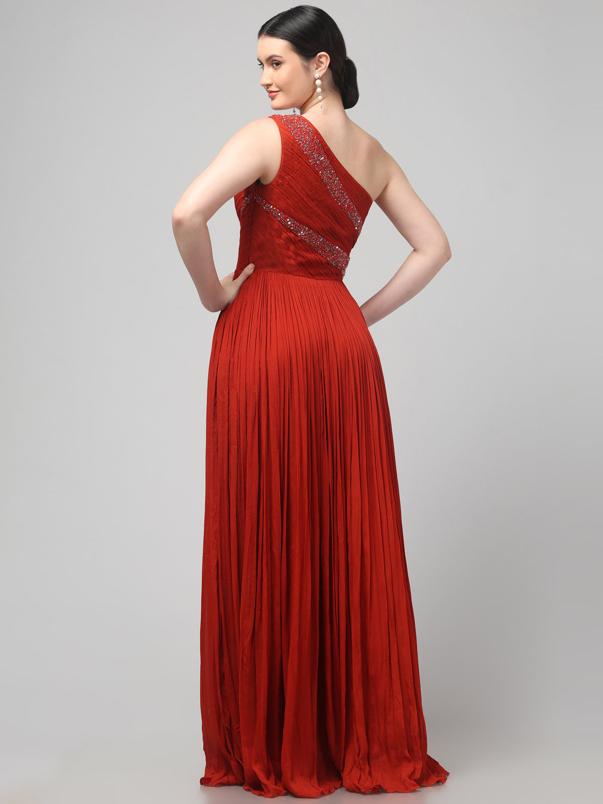 Rust Orange One-Shoulder  Pure Chinnon Party Wear  Pleated Gown