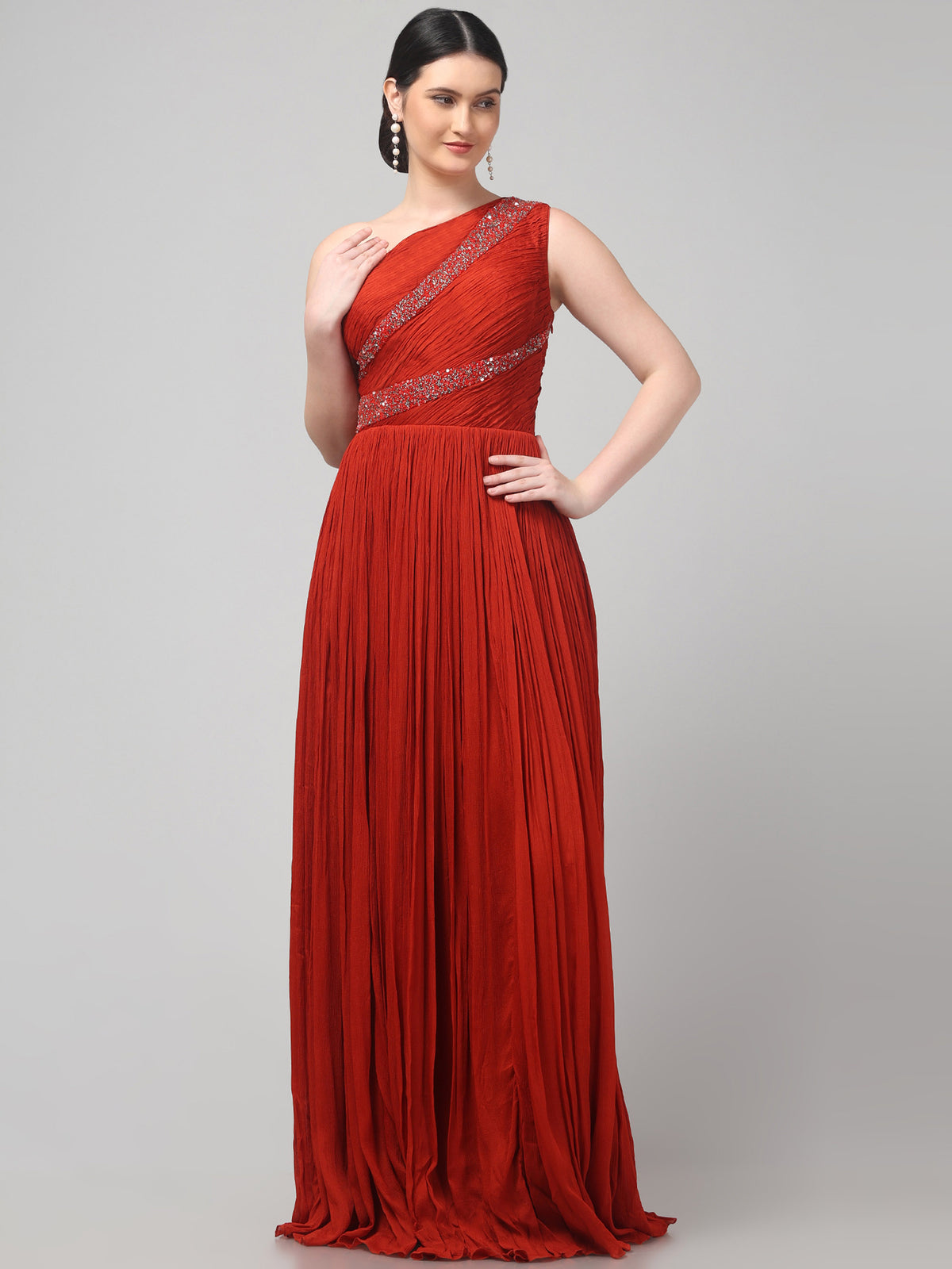 Rust Orange One-Shoulder  Pure Chinnon Party Wear  Pleated Gown