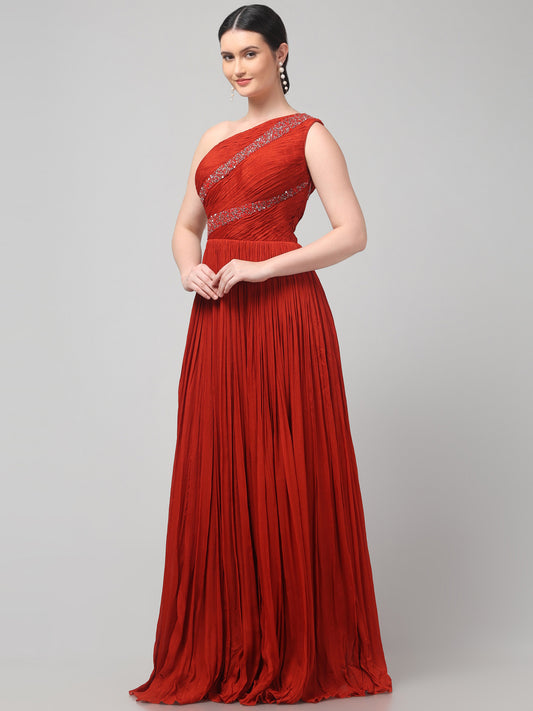 Rust Orange One-Shoulder  Pure Chinnon Party Wear  Pleated Gown