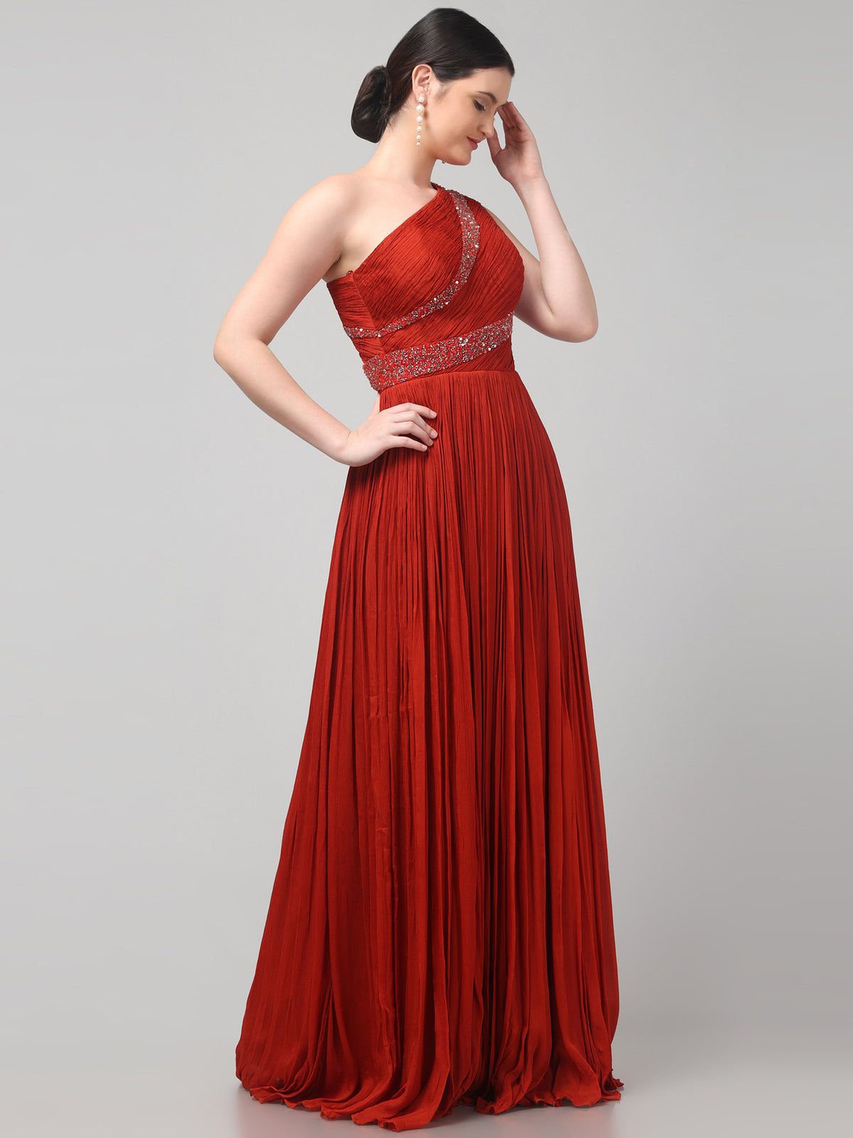Rust Orange One-Shoulder  Pure Chinnon Party Wear  Pleated Gown
