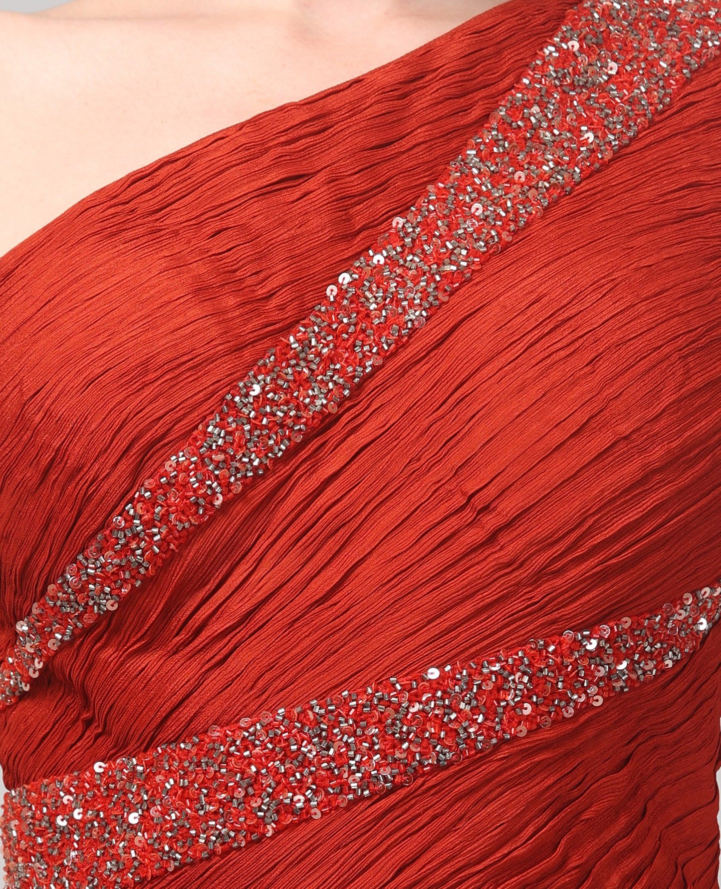Rust Orange One-Shoulder  Pure Chinnon Party Wear  Pleated Gown