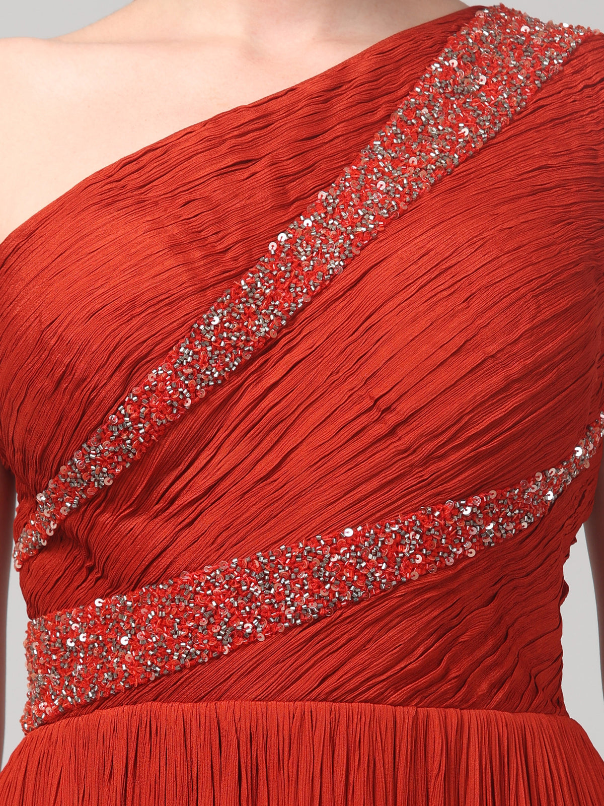 Rust Orange One-Shoulder  Pure Chinnon Party Wear  Pleated Gown