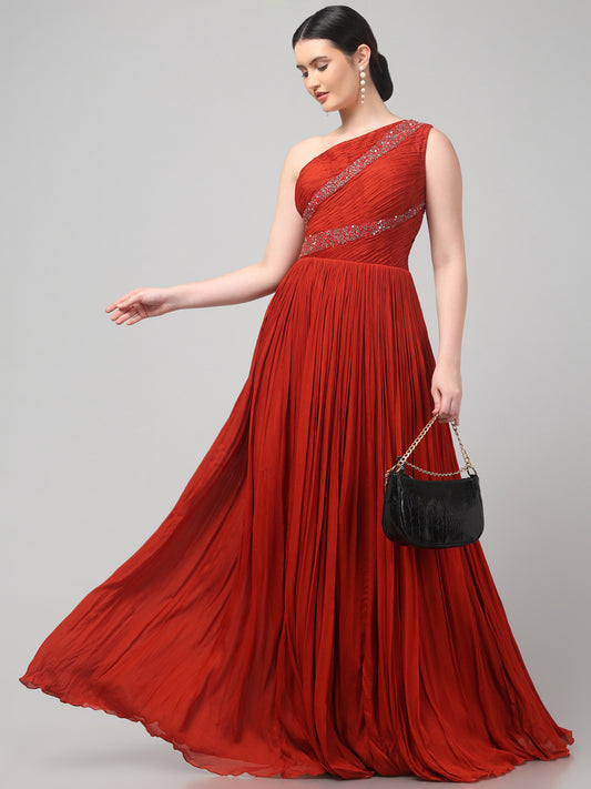 Rust Orange One-Shoulder  Pure Chinnon Party Wear  Pleated Gown
