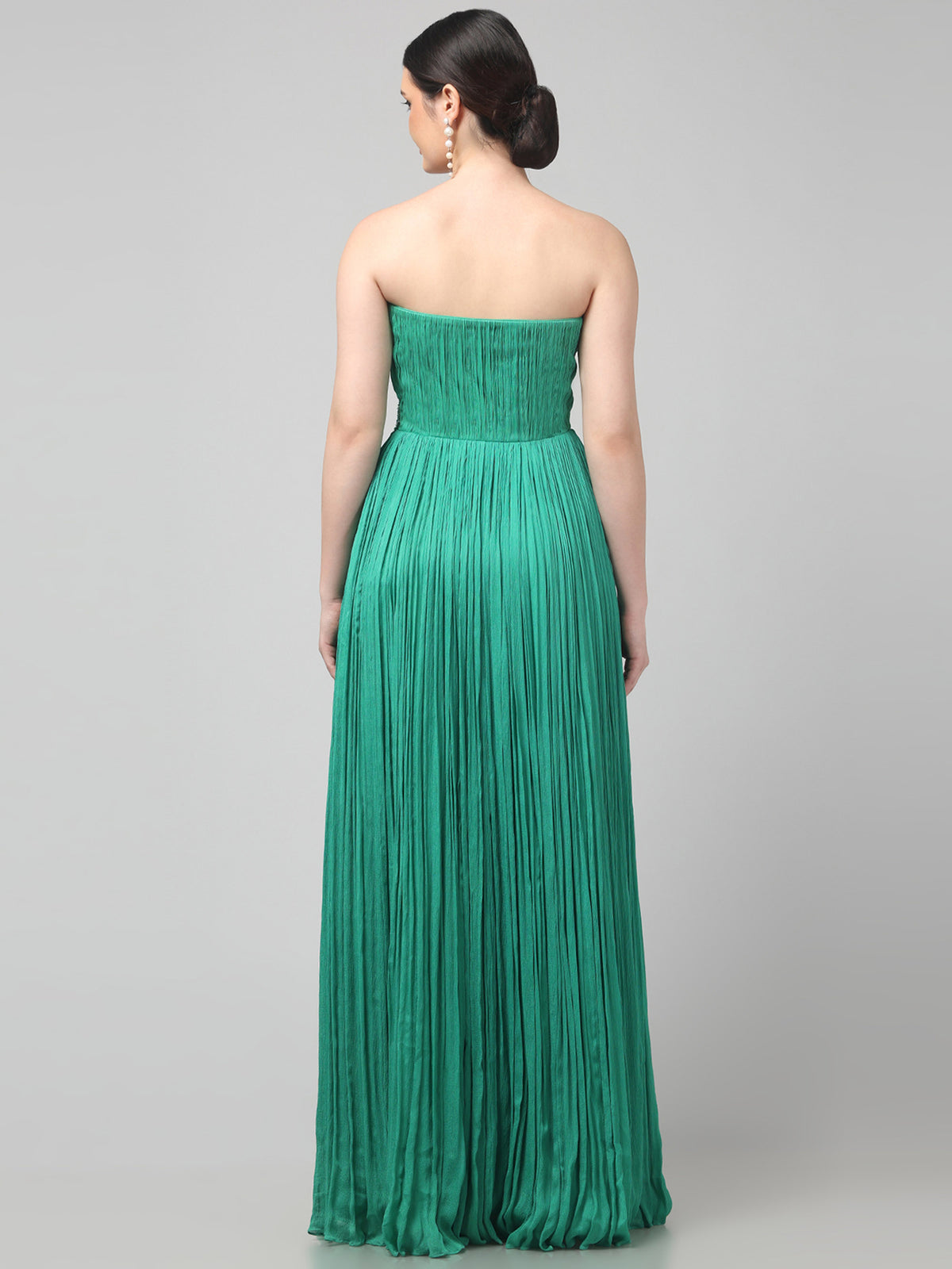 Off-shoulder Emerald Green Pure Chinnon Party Wear  Pleated Gown