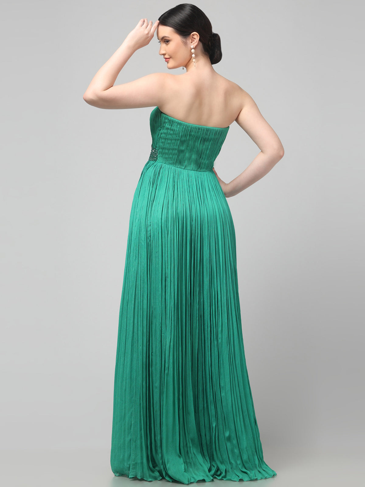 Off-shoulder Emerald Green Pure Chinnon Party Wear  Pleated Gown