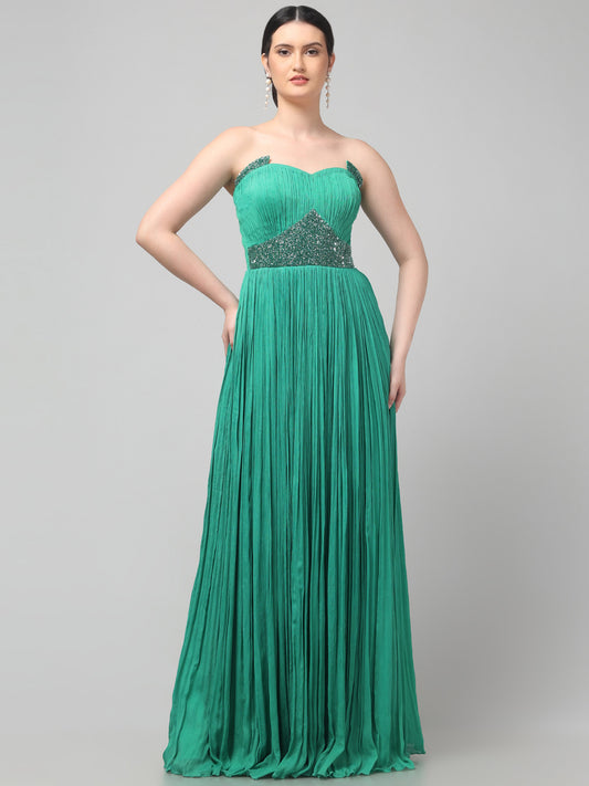 Off-shoulder Emerald Green Pure Chinnon Party Wear  Pleated Gown