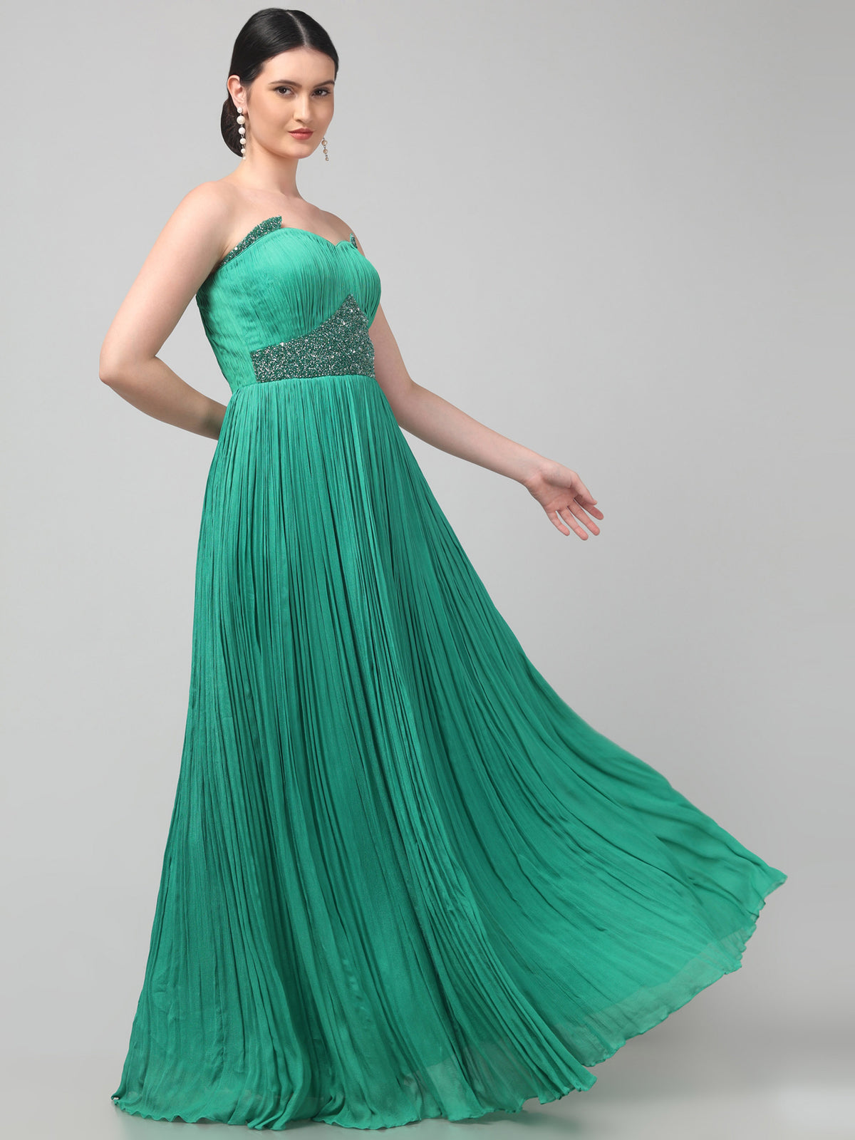 Off-shoulder Emerald Green Pure Chinnon Party Wear  Pleated Gown