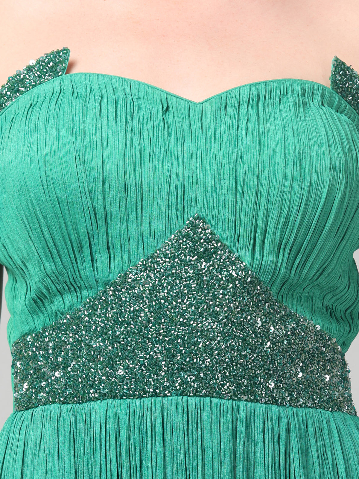 Off-shoulder Emerald Green Pure Chinnon Party Wear  Pleated Gown