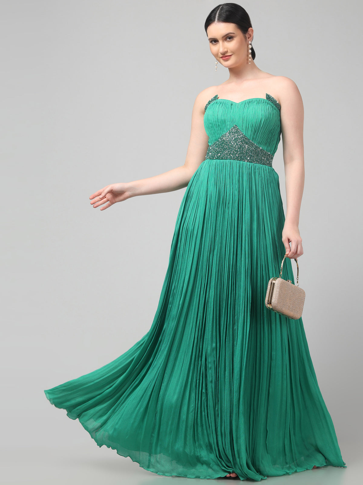 Off-shoulder Emerald Green Pure Chinnon Party Wear  Pleated Gown