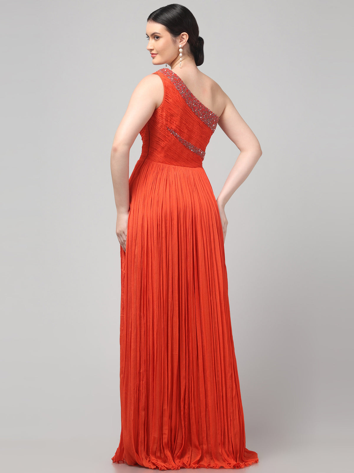 Orange One-Shoulder  Pure Chinnon Party Wear  Pleated Gown
