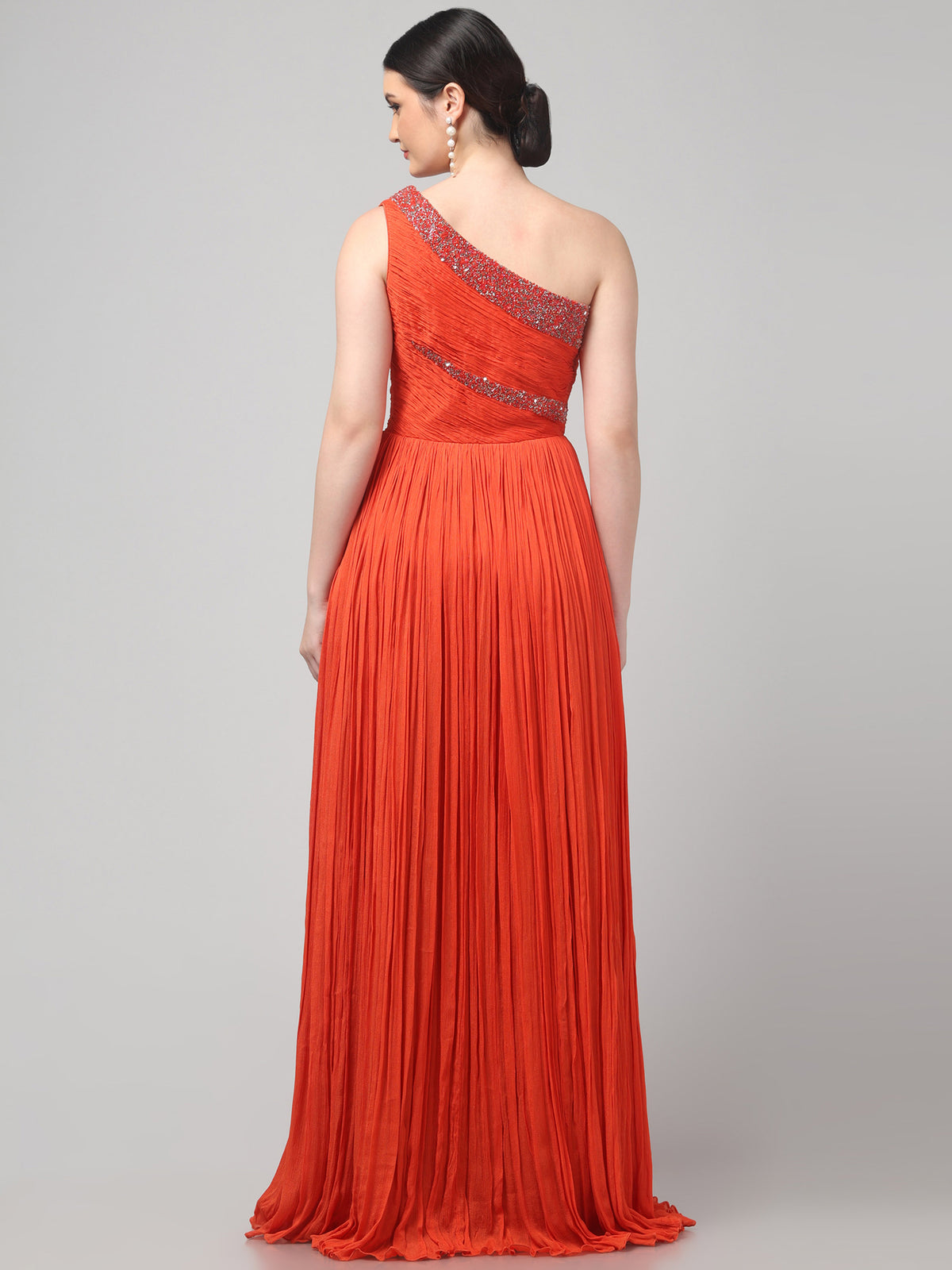 Orange One-Shoulder  Pure Chinnon Party Wear  Pleated Gown
